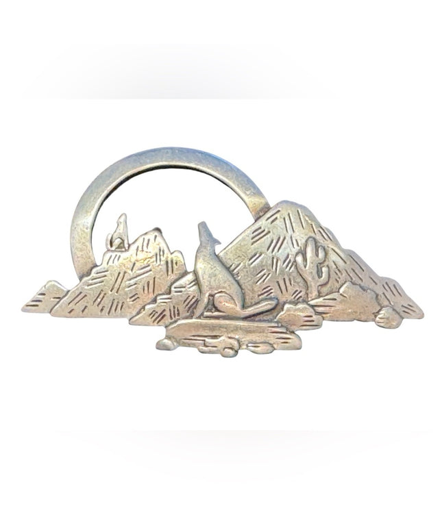 Vintage JJ Silver Pewter Mountain Scene Brooch With Howling Wolf