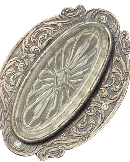 Vintage Antique Revival Silver finish etched glass leaf brooch