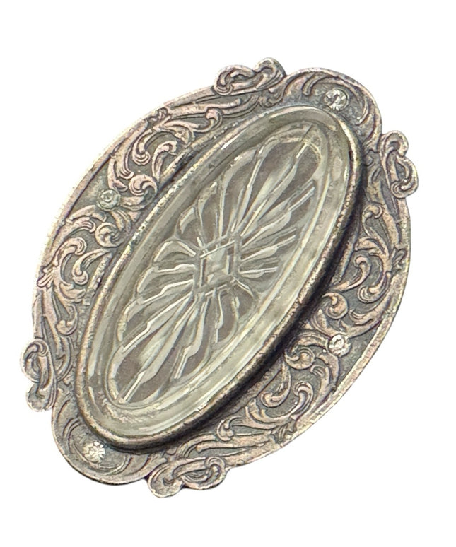 Vintage Antique Revival Silver finish etched glass leaf brooch