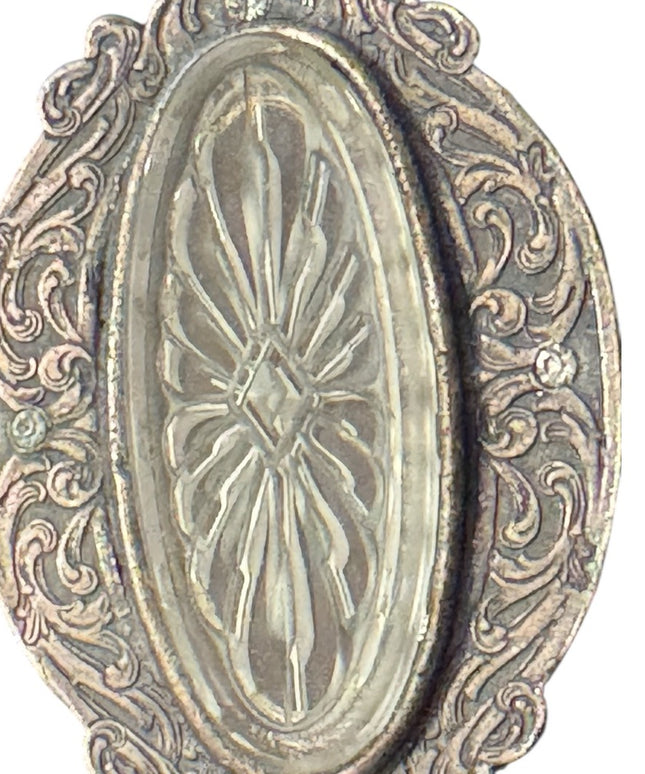 Vintage Antique Revival Silver finish etched glass leaf brooch