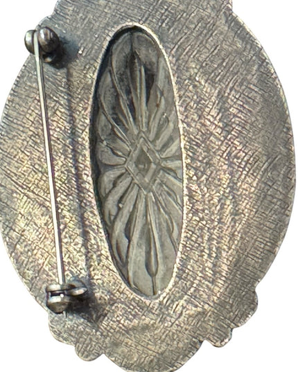 Vintage Antique Revival Silver finish etched glass leaf brooch