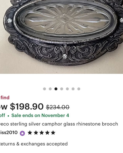 Vintage Antique Revival Silver finish etched glass leaf brooch