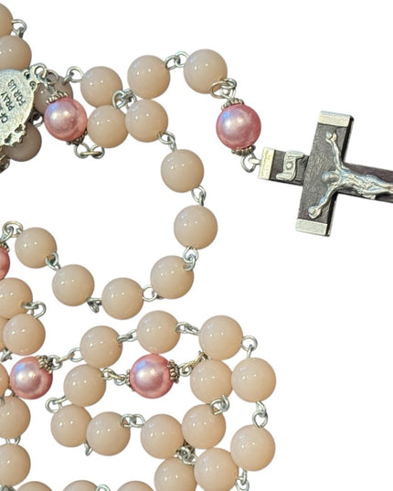 Vintage Plastic Pink Beaded Rosary Necklace