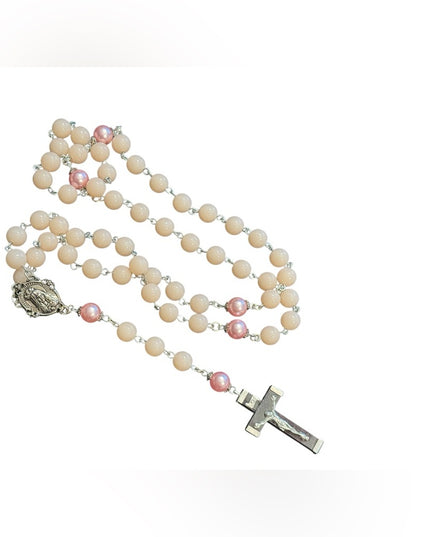 Vintage Plastic Pink Beaded Rosary Necklace