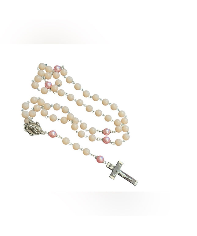 Vintage Plastic Pink Beaded Rosary Necklace