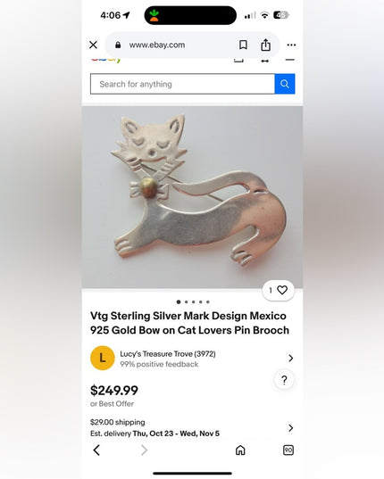 Vintage Taxco Mexico 925 Sterling Silver Cat Brooch