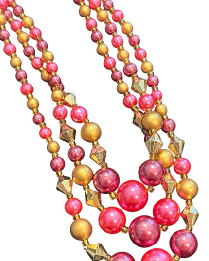 Multicolor Pink & Gold Faux Pearl 3 steand Beaded Necklace