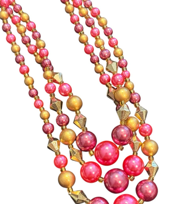 Multicolor Pink & Gold Faux Pearl 3 steand Beaded Necklace