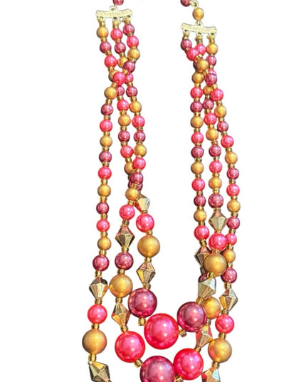 Multicolor Pink & Gold Faux Pearl 3 steand Beaded Necklace