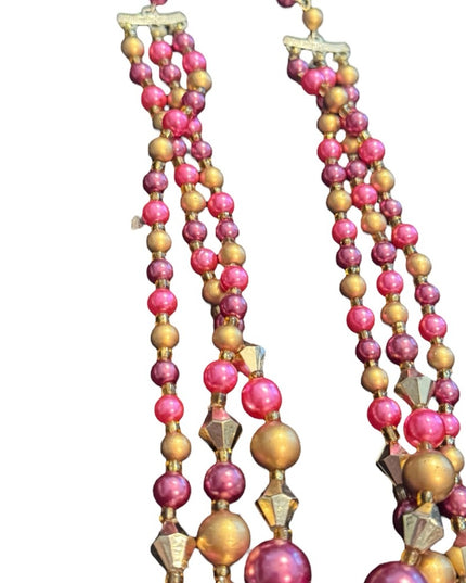 Multicolor Pink & Gold Faux Pearl 3 steand Beaded Necklace