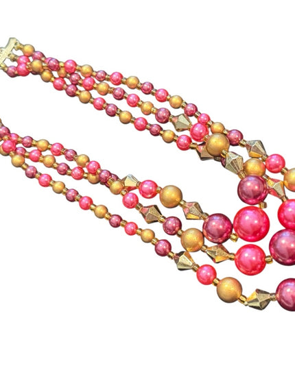 Multicolor Pink & Gold Faux Pearl 3 steand Beaded Necklace