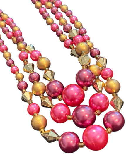 Multicolor Pink & Gold Faux Pearl 3 steand Beaded Necklace