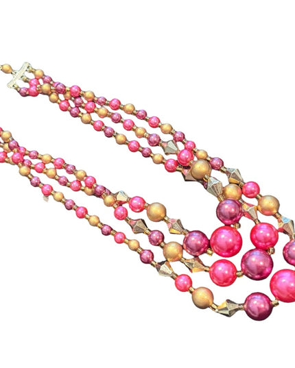 Multicolor Pink & Gold Faux Pearl 3 steand Beaded Necklace