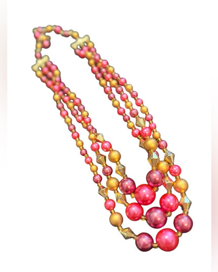 Multicolor Pink & Gold Faux Pearl 3 steand Beaded Necklace