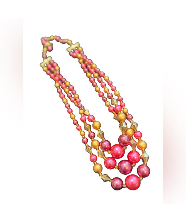 Multicolor Pink & Gold Faux Pearl 3 steand Beaded Necklace