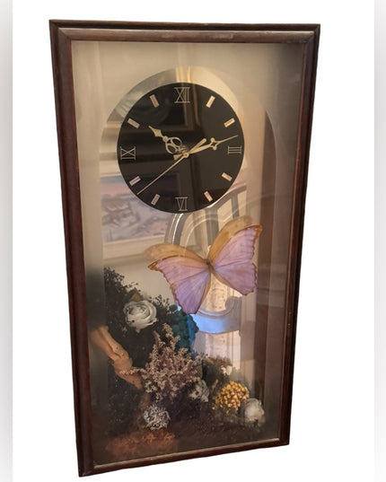 Vintage 1970s Clock Shadowbox Dried Flowers Butterfly Mirrored Back 29 x 13 x 4"