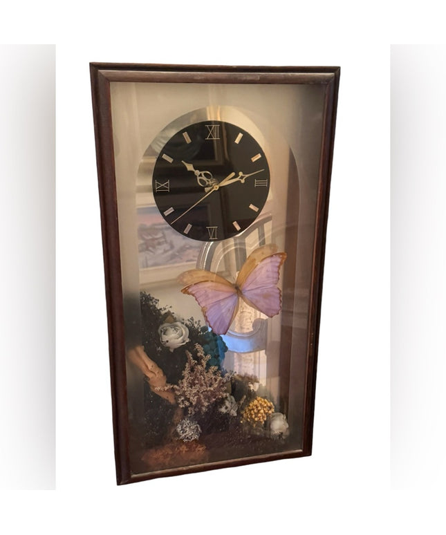 Vintage 1970s Clock Shadowbox Dried Flowers Butterfly Mirrored Back 29 x 13 x 4"
