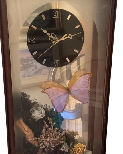 Vintage 1970s Clock Shadowbox Dried Flowers Butterfly Mirrored Back 29 x 13 x 4"