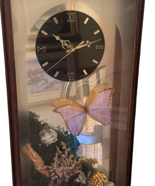 Vintage 1970s Clock Shadowbox Dried Flowers Butterfly Mirrored Back 29 x 13 x 4"