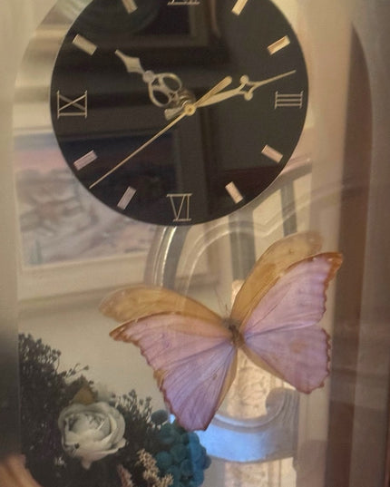 Vintage 1970s Clock Shadowbox Dried Flowers Butterfly Mirrored Back 29 x 13 x 4"