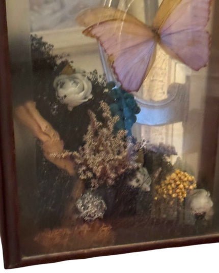Vintage 1970s Clock Shadowbox Dried Flowers Butterfly Mirrored Back 29 x 13 x 4"