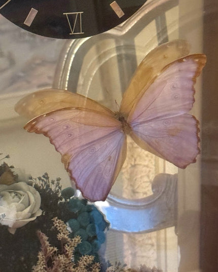 Vintage 1970s Clock Shadowbox Dried Flowers Butterfly Mirrored Back 29 x 13 x 4"