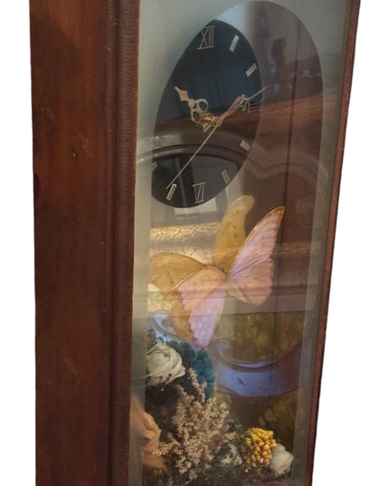 Vintage 1970s Clock Shadowbox Dried Flowers Butterfly Mirrored Back 29 x 13 x 4"