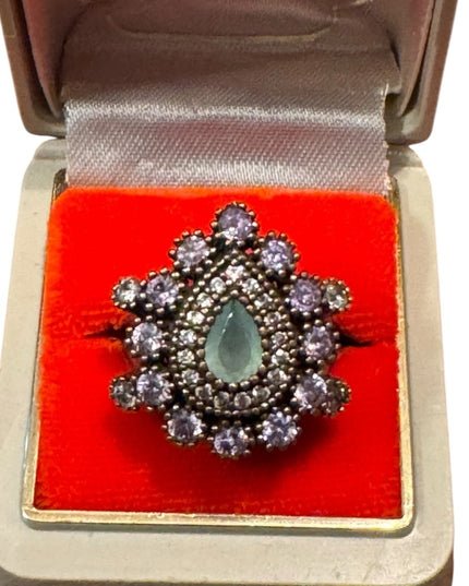 Elegant Vintage Purple & Green CZ  Sterling Silver 925 Teardrop Cluster Ring