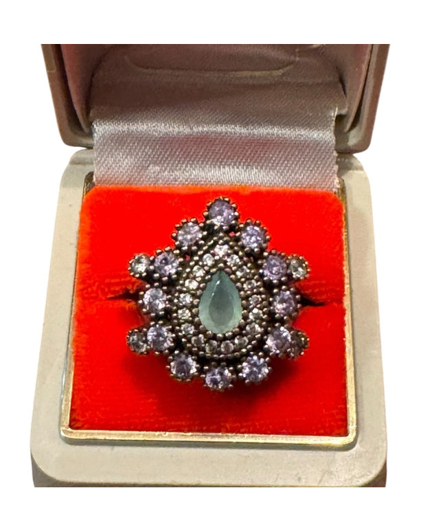 Elegant Vintage Purple & Green CZ  Sterling Silver 925 Teardrop Cluster Ring