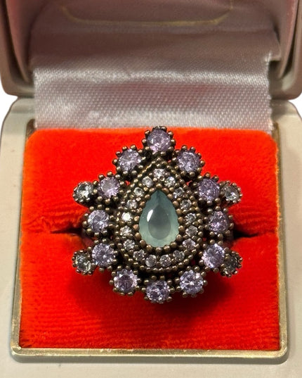 Elegant Vintage Purple & Green CZ  Sterling Silver 925 Teardrop Cluster Ring