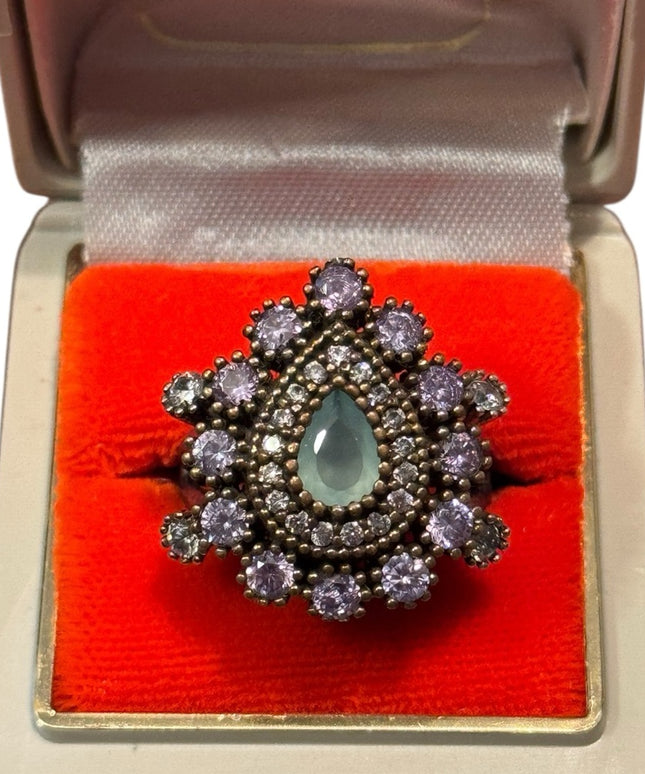 Elegant Vintage Purple & Green CZ  Sterling Silver 925 Teardrop Cluster Ring