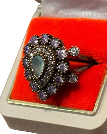 Elegant Vintage Purple & Green CZ  Sterling Silver 925 Teardrop Cluster Ring