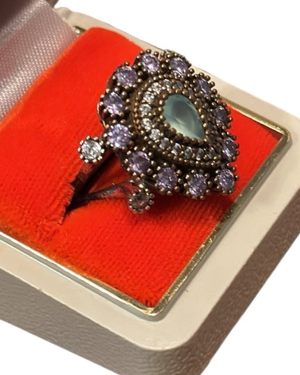 Elegant Vintage Purple & Green CZ  Sterling Silver 925 Teardrop Cluster Ring