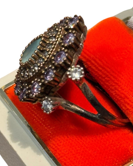 Elegant Vintage Purple & Green CZ  Sterling Silver 925 Teardrop Cluster Ring