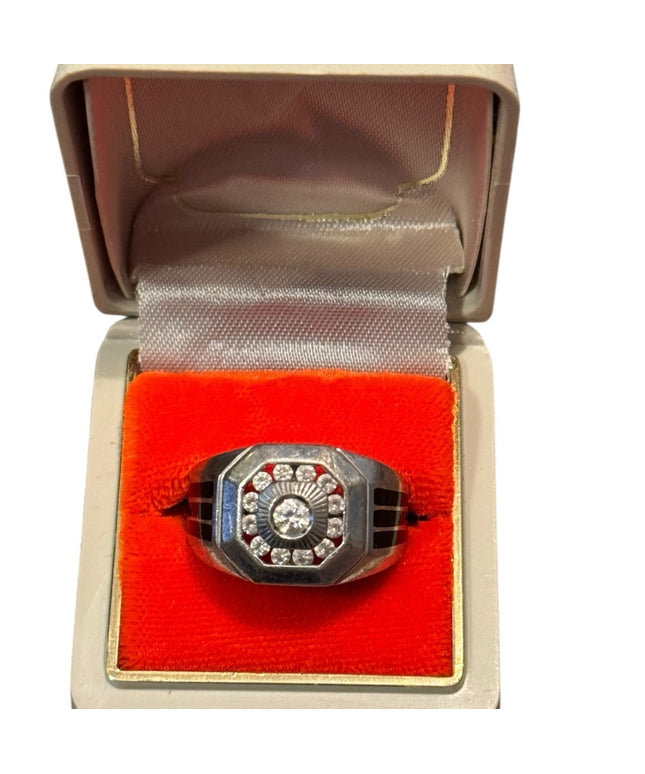 Vintage Sterling Silver Men's CZ Ring with Black Onyx Side Accents
