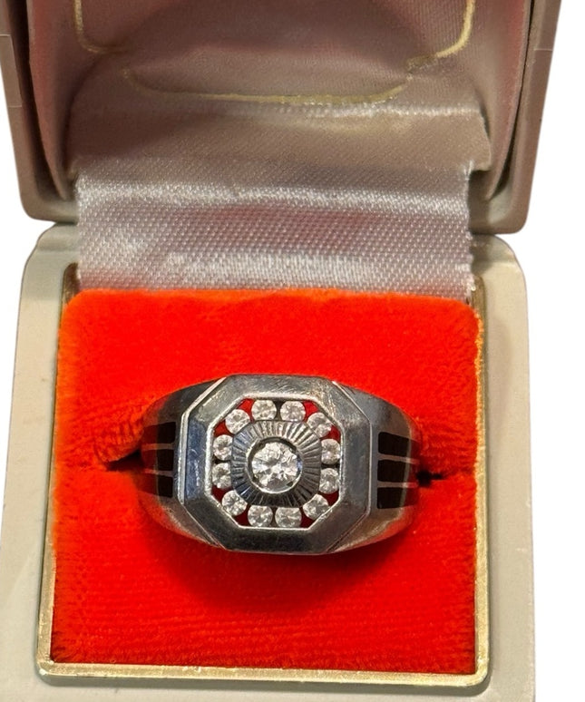 Vintage Sterling Silver Men's CZ Ring with Black Onyx Side Accents