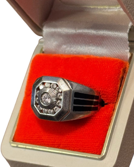 Vintage Sterling Silver Men's CZ Ring with Black Onyx Side Accents