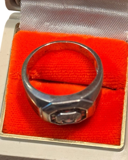 Vintage Sterling Silver Men's CZ Ring with Black Onyx Side Accents
