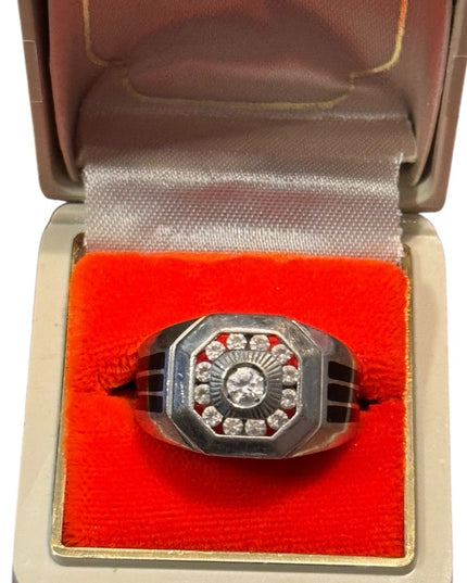 Vintage Sterling Silver Men's CZ Ring with Black Onyx Side Accents