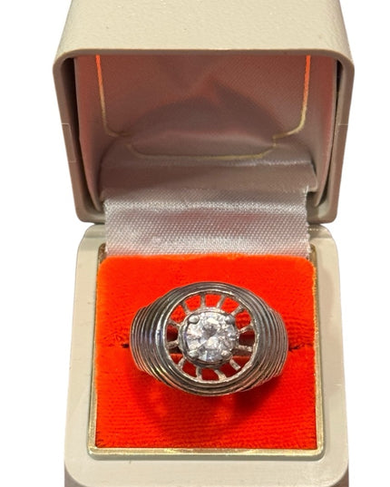 Mens Vintage Sterling Silver Ring with Clear CZ Rhinestone 1970s