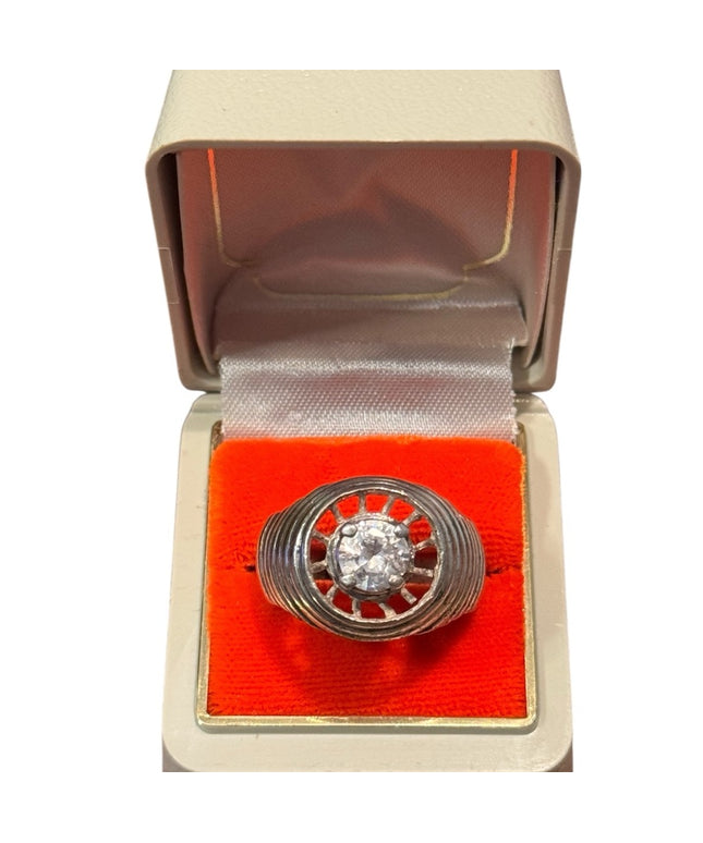 Mens Vintage Sterling Silver Ring with Clear CZ Rhinestone 1970s