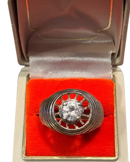 Mens Vintage Sterling Silver Ring with Clear CZ Rhinestone 1970s