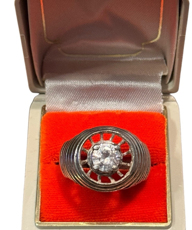Mens Vintage Sterling Silver Ring with Clear CZ Rhinestone 1970s