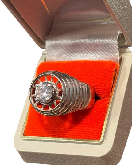 Mens Vintage Sterling Silver Ring with Clear CZ Rhinestone 1970s