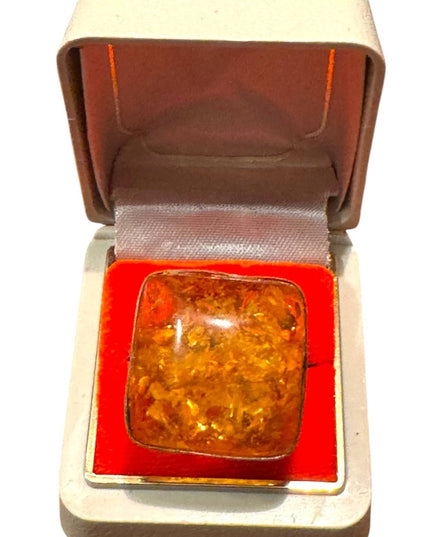 Elegant Vintage Sterling Silver 925 Large Amber Square Statement Ring