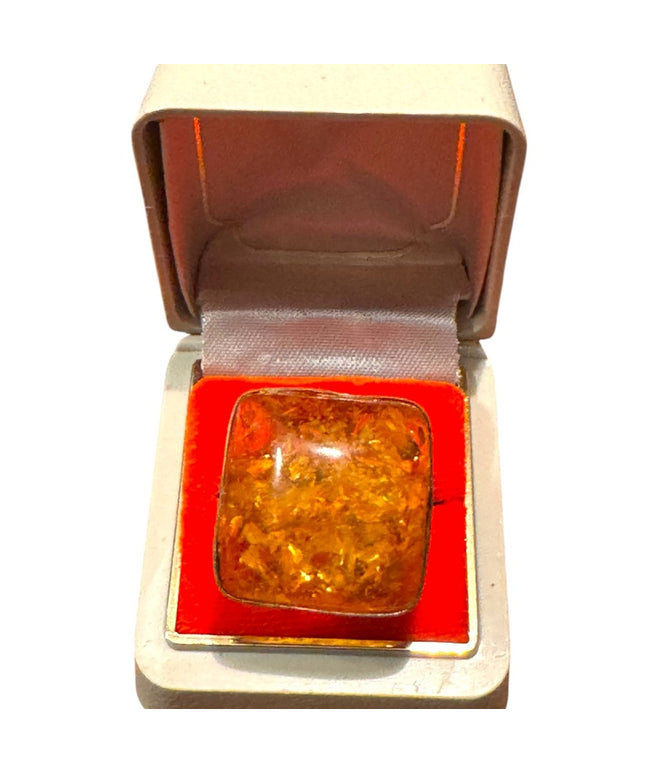 Elegant Vintage Sterling Silver 925 Large Amber Square Statement Ring