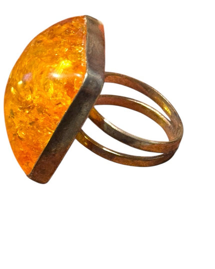 Elegant Vintage Sterling Silver 925 Large Amber Square Statement Ring