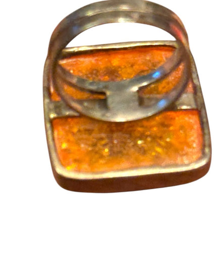 Elegant Vintage Sterling Silver 925 Large Amber Square Statement Ring