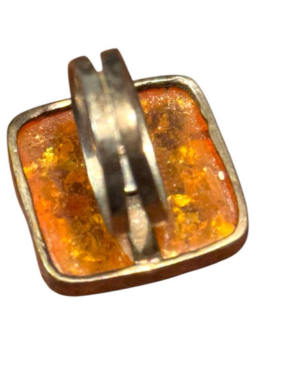 Elegant Vintage Sterling Silver 925 Large Amber Square Statement Ring