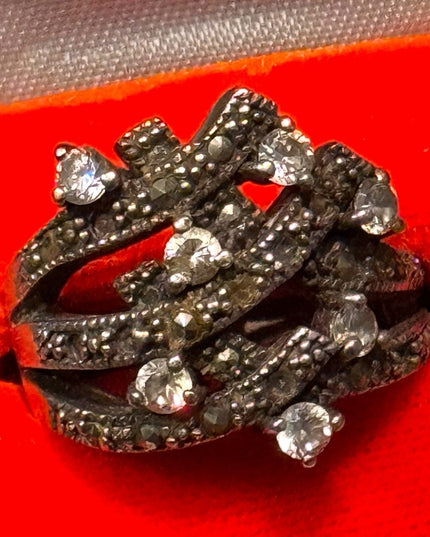 Vintage Sterling Silver 925 Women's Brutalist Cluster Ring Crystal Accents